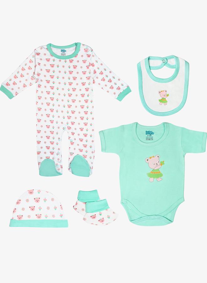 Babies Basic 5-Piece 100% Cotton Bib, Romper, Mittens, Cap and Sleepsuit Set - Image 1
